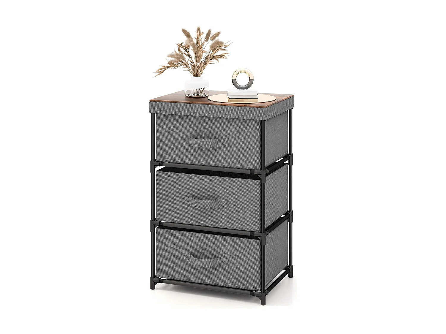 Commode 3 Tiroirs en Tissu, Commode Chambre Adulte avec Cadre en Métal, Meuble Tiroir Rangement pour Chambre, Industriel, 20 x 48 x 76 cm (Gris)