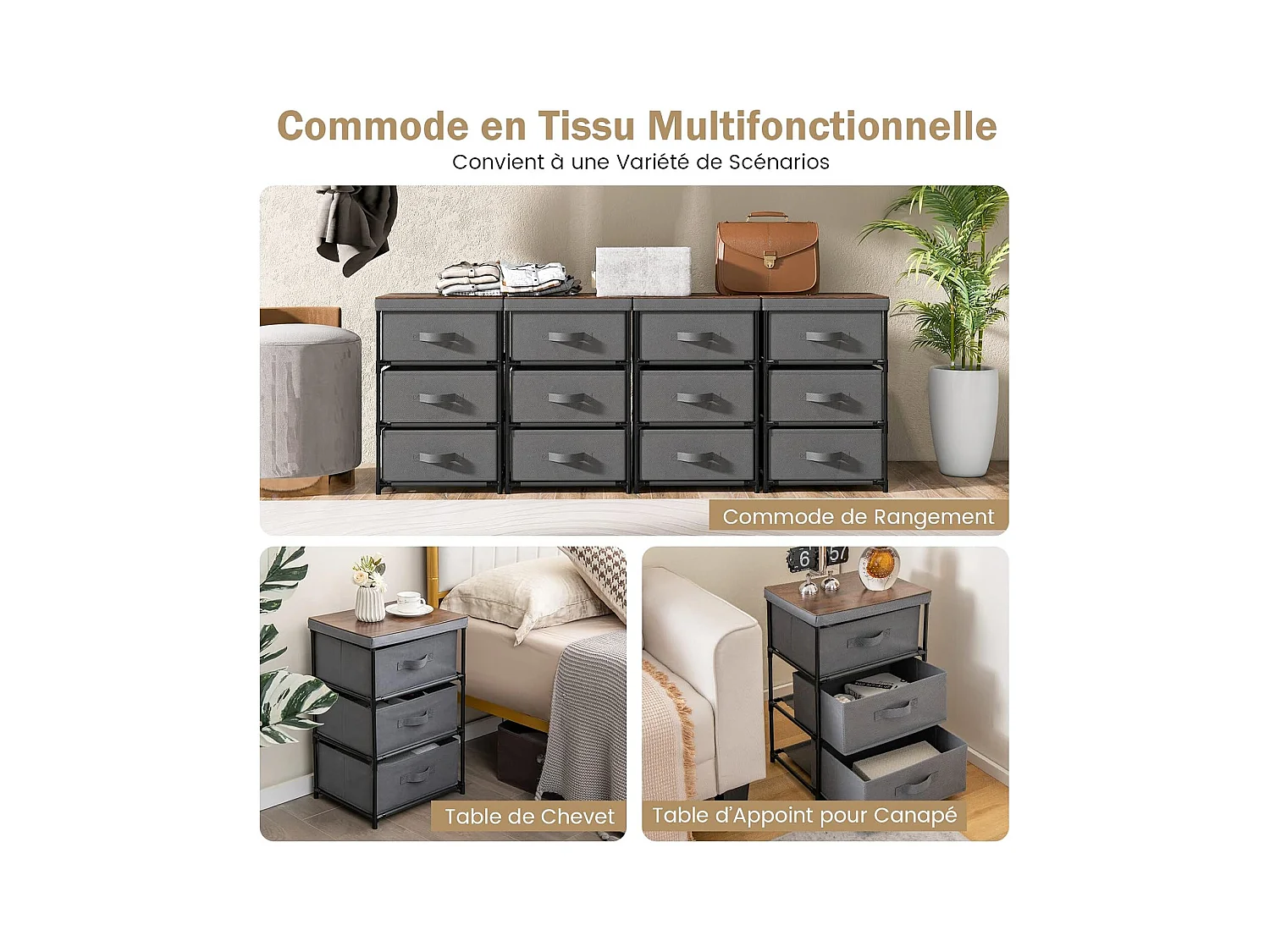Commode 3 Tiroirs en Tissu, Commode Chambre Adulte avec Cadre en Métal, Meuble Tiroir Rangement pour Chambre, Industriel, 20 x 48 x 76 cm (Gris)