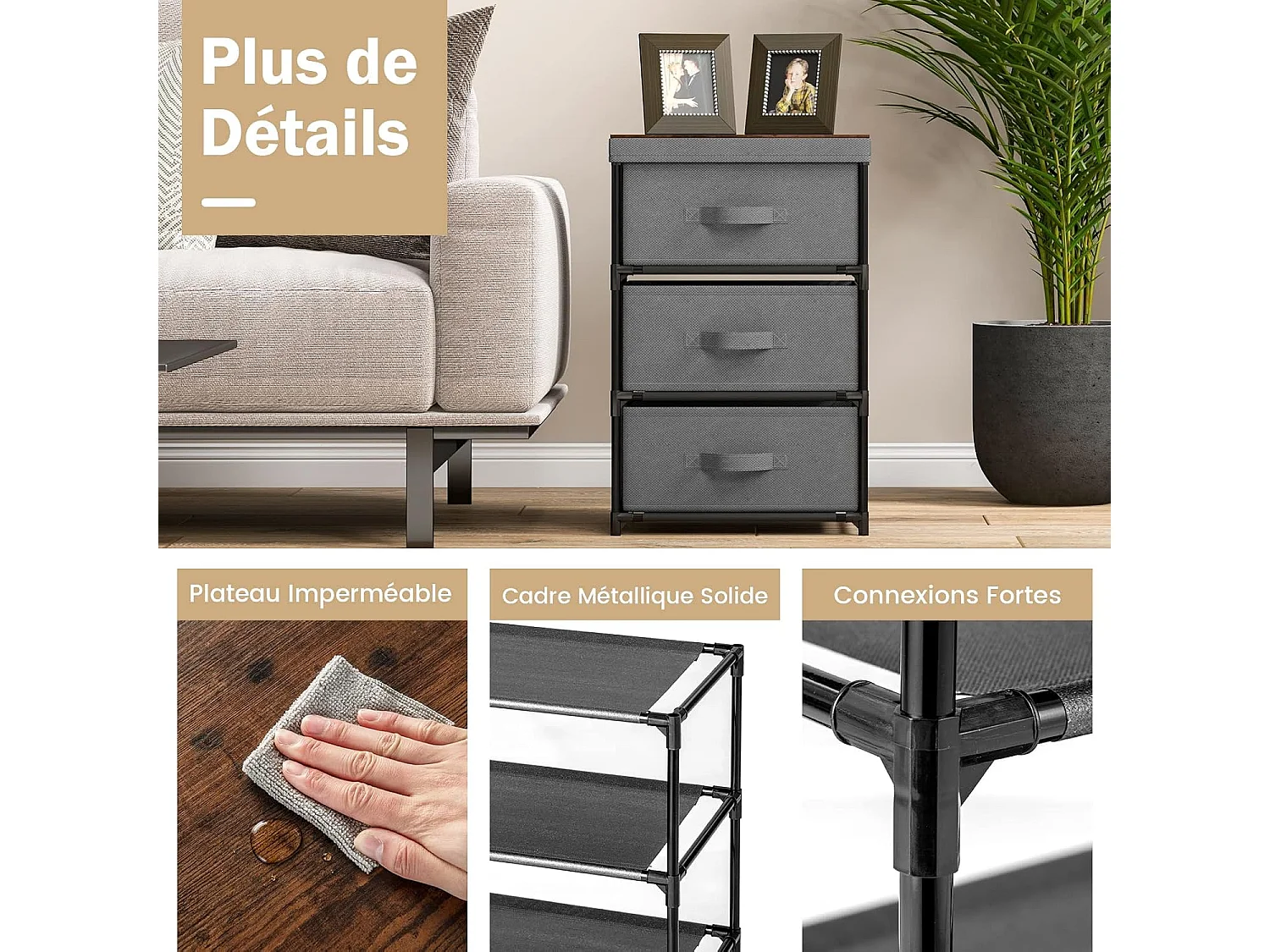 Commode 3 Tiroirs en Tissu, Commode Chambre Adulte avec Cadre en Métal, Meuble Tiroir Rangement pour Chambre, Industriel, 20 x 48 x 76 cm (Gris)