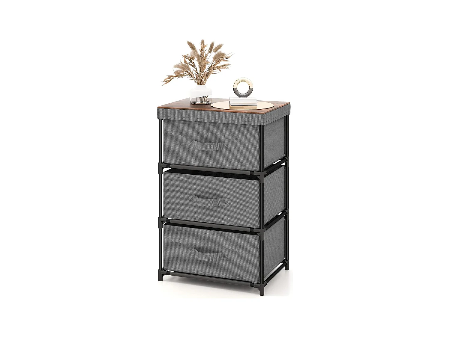Commode 3 Tiroirs en Tissu, Commode Chambre Adulte avec Cadre en Métal, Meuble Tiroir Rangement pour Chambre, Industriel, 20 x 48 x 76 cm (Gris)