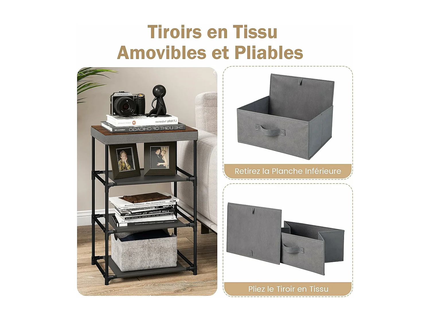 Commode 3 Tiroirs en Tissu, Commode Chambre Adulte avec Cadre en Métal, Meuble Tiroir Rangement pour Chambre, Industriel, 20 x 48 x 76 cm (Gris)