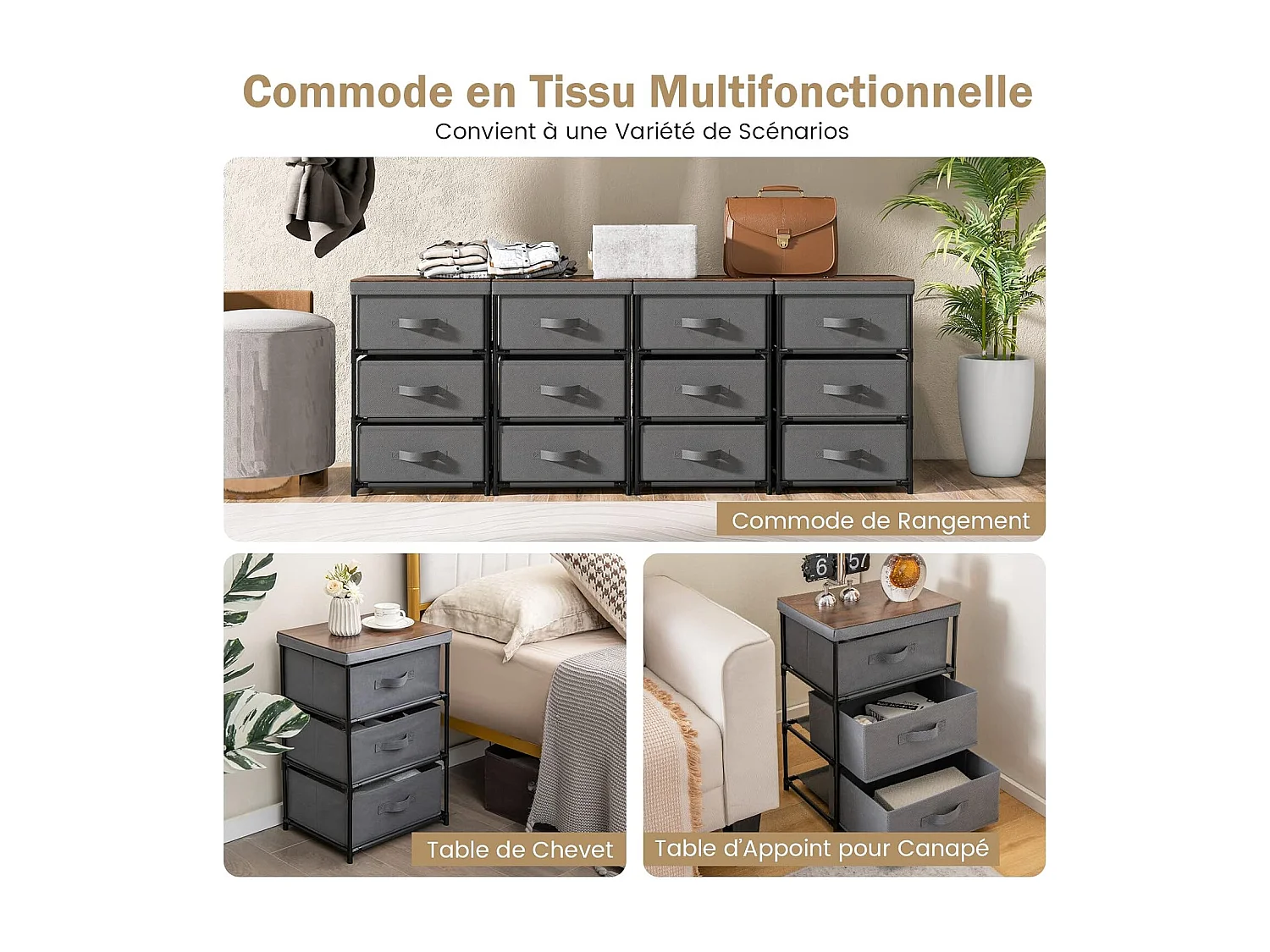 Commode 3 Tiroirs en Tissu, Commode Chambre Adulte avec Cadre en Métal, Meuble Tiroir Rangement pour Chambre, Industriel, 20 x 48 x 76 cm (Gris)