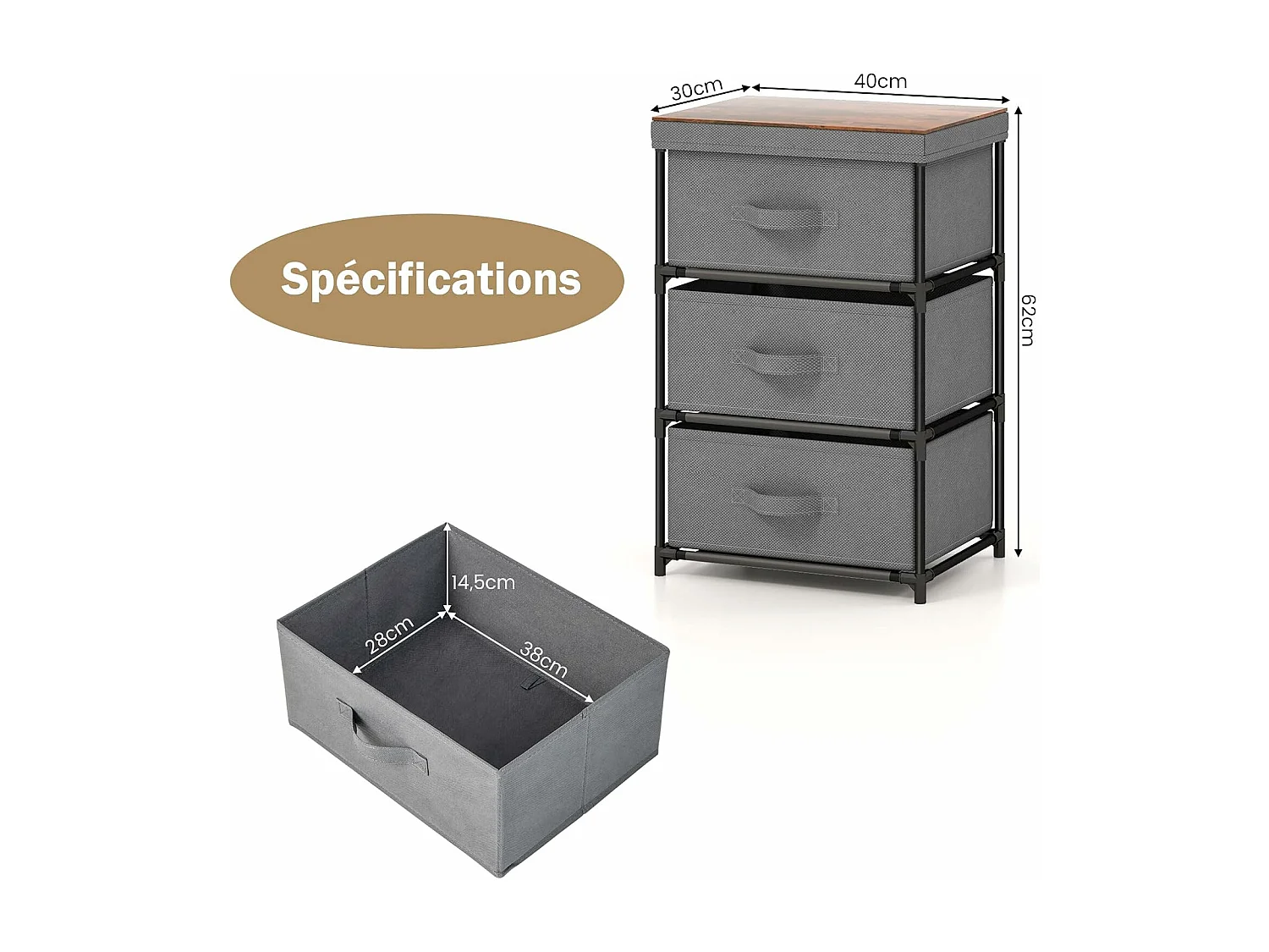 Commode 3 Tiroirs en Tissu, Commode Chambre Adulte avec Cadre en Métal, Meuble Tiroir Rangement pour Chambre, Industriel, 20 x 48 x 76 cm (Gris)