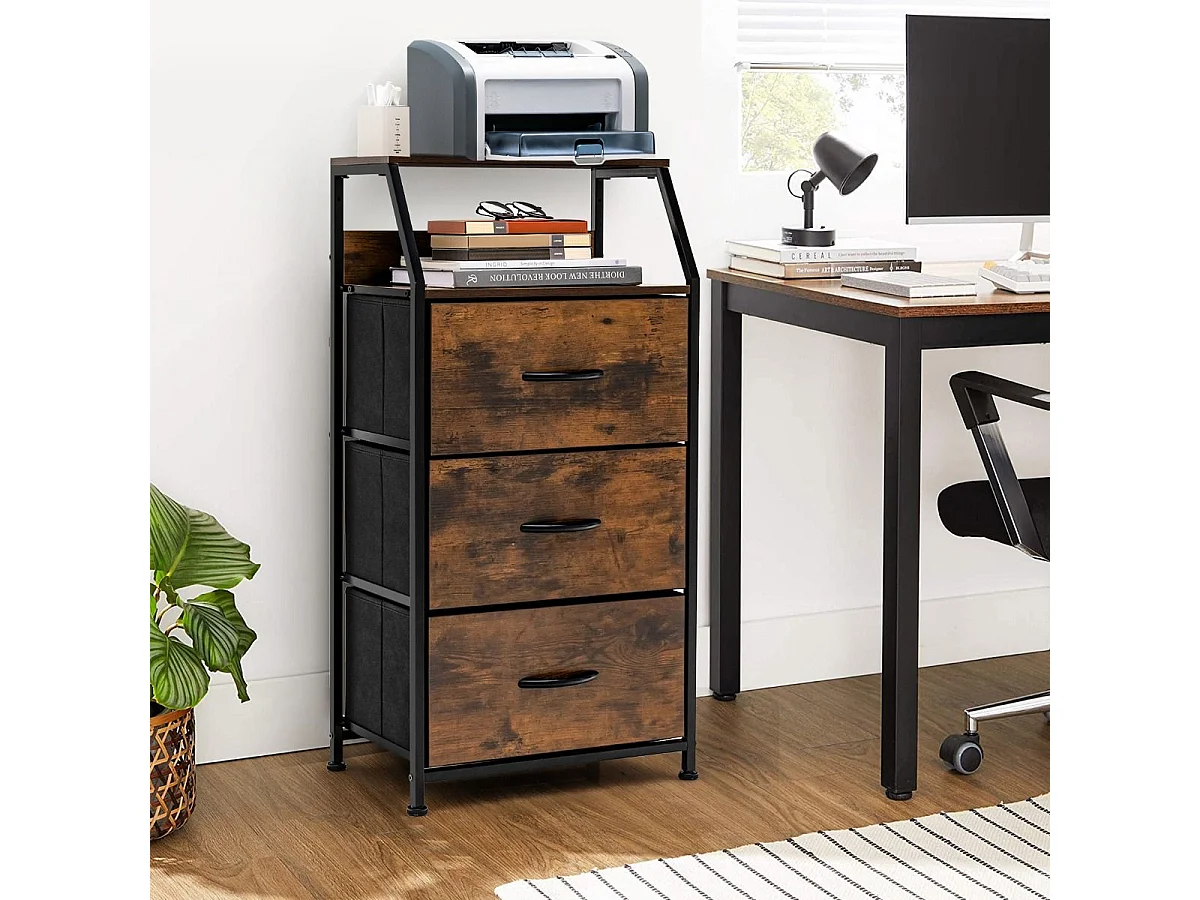 Meuble de Rangement à 3 Tiroirs, avec Étagère Supérieure et 3 Tiroirs Amovibles, Structure en Acier Massif, pour Chambre, Salon, Bureau, Marron Rustique