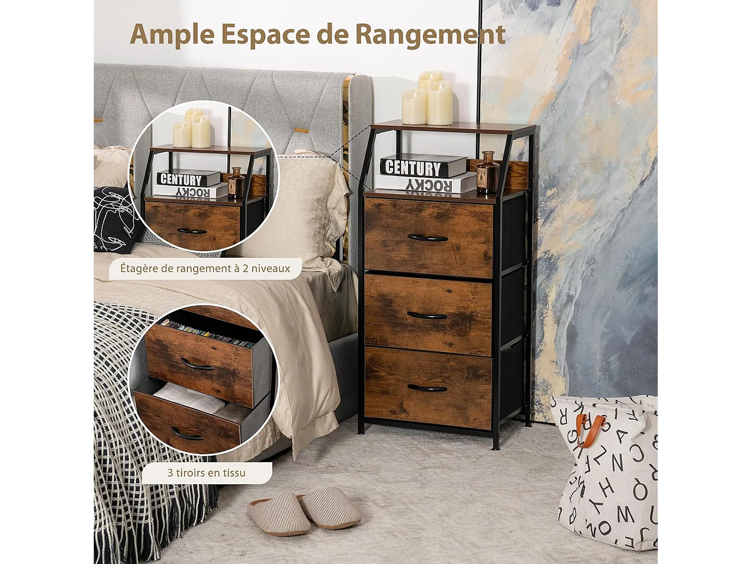 Meuble de Rangement à 3 Tiroirs, avec Étagère Supérieure et 3 Tiroirs Amovibles, Structure en Acier Massif, pour Chambre, Salon, Bureau, Marron Rustique