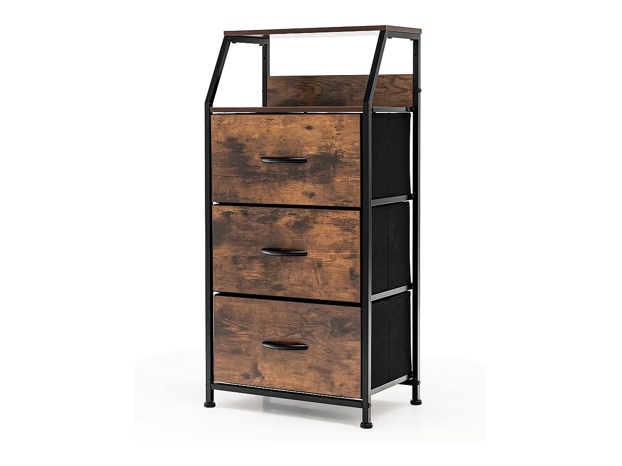 Meuble de Rangement à 3 Tiroirs, avec Étagère Supérieure et 3 Tiroirs Amovibles, Structure en Acier Massif, pour Chambre, Salon, Bureau, Marron Rustique
