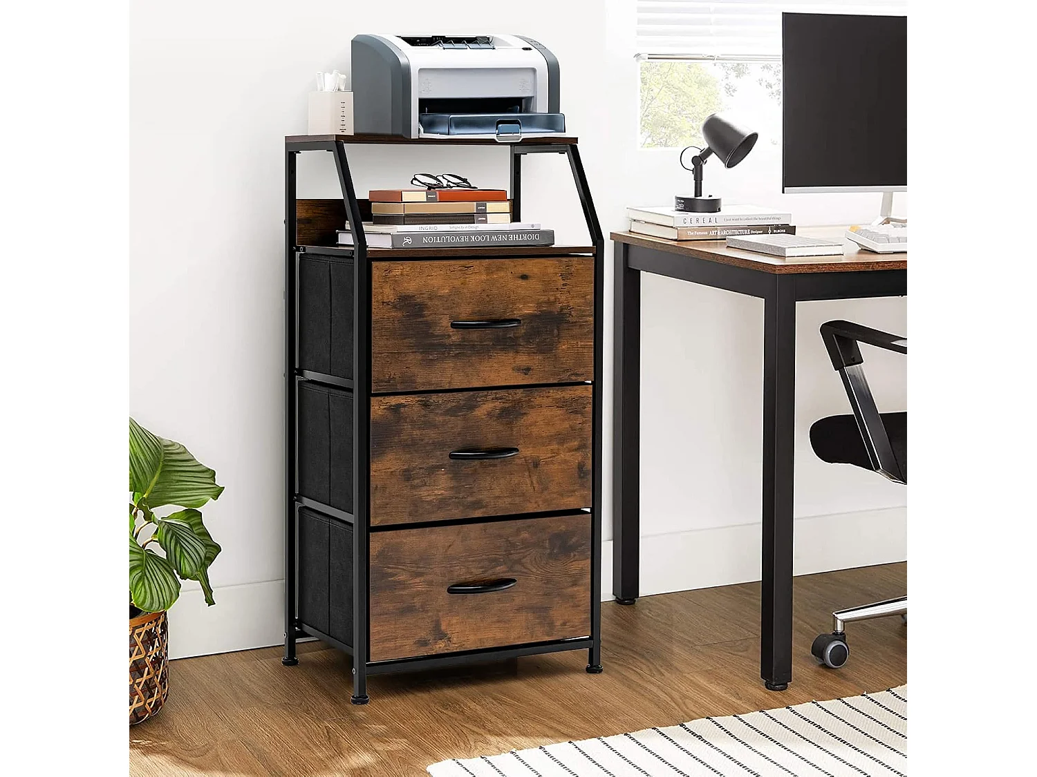 Meuble de Rangement à 3 Tiroirs, avec Étagère Supérieure et 3 Tiroirs Amovibles, Structure en Acier Massif, pour Chambre, Salon, Bureau, Marron Rustique