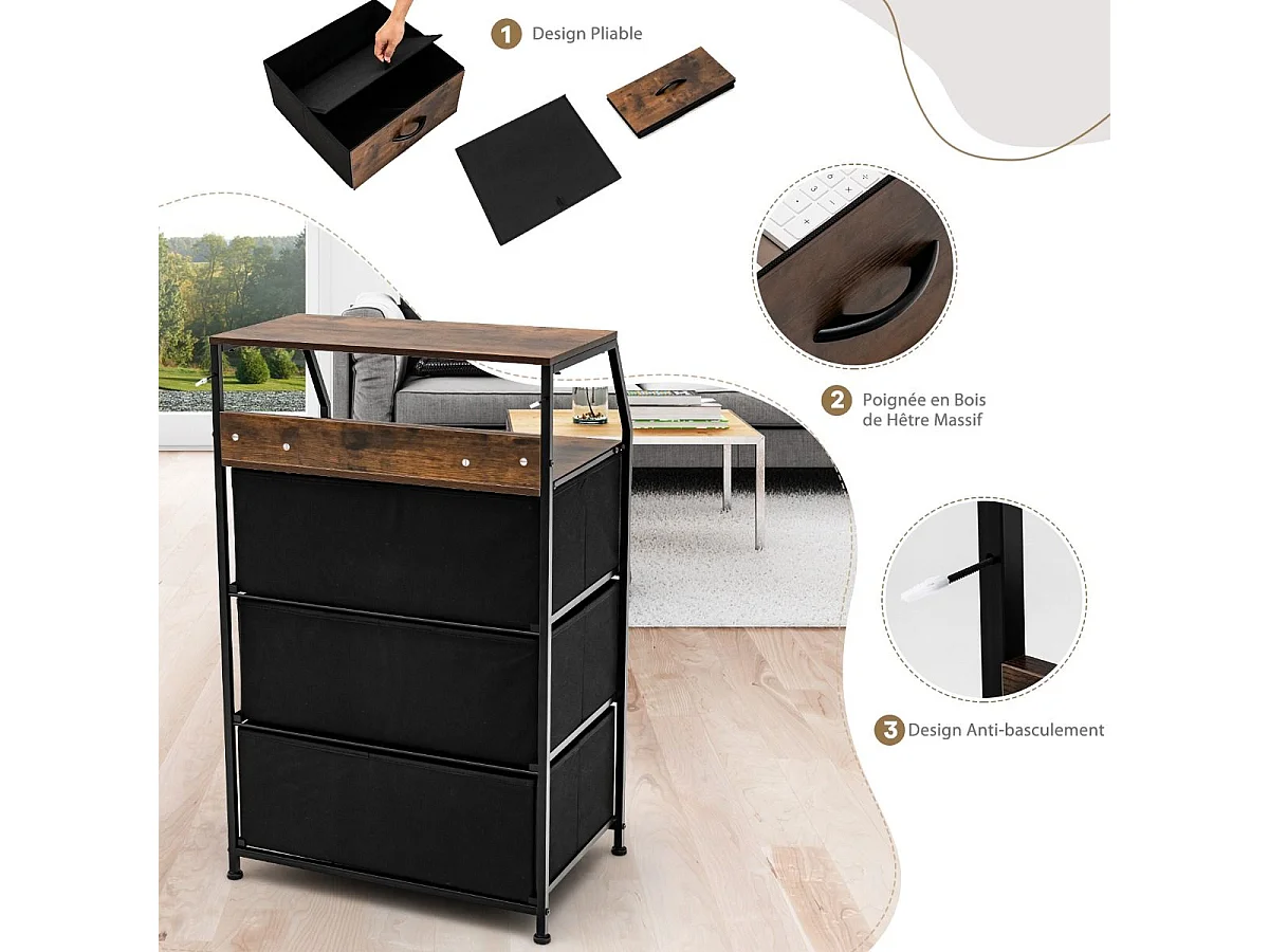 Meuble de Rangement à 3 Tiroirs, avec Étagère Supérieure et 3 Tiroirs Amovibles, Structure en Acier Massif, pour Chambre, Salon, Bureau, Marron Rustique