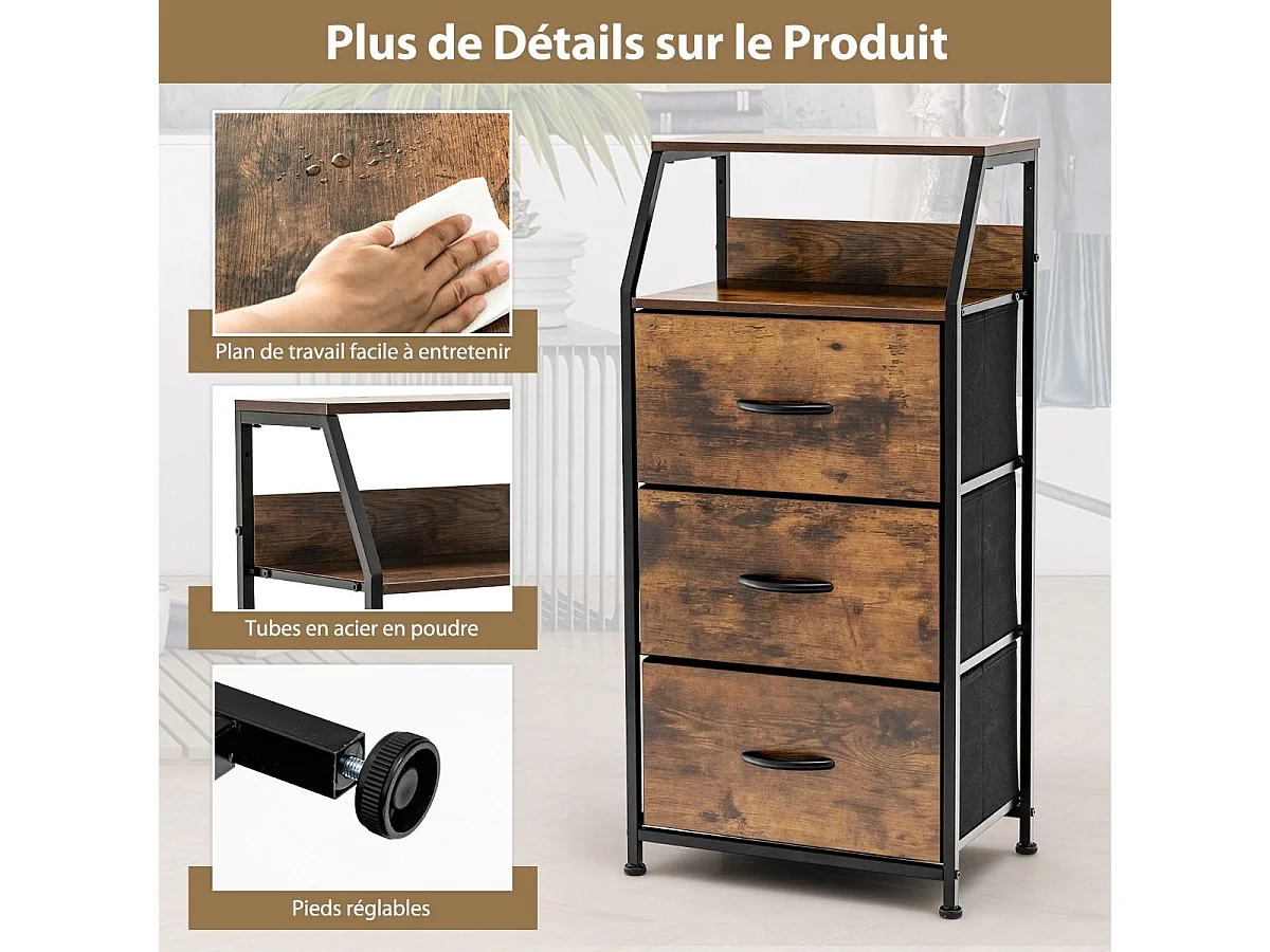Meuble de Rangement à 3 Tiroirs, avec Étagère Supérieure et 3 Tiroirs Amovibles, Structure en Acier Massif, pour Chambre, Salon, Bureau, Marron Rustique