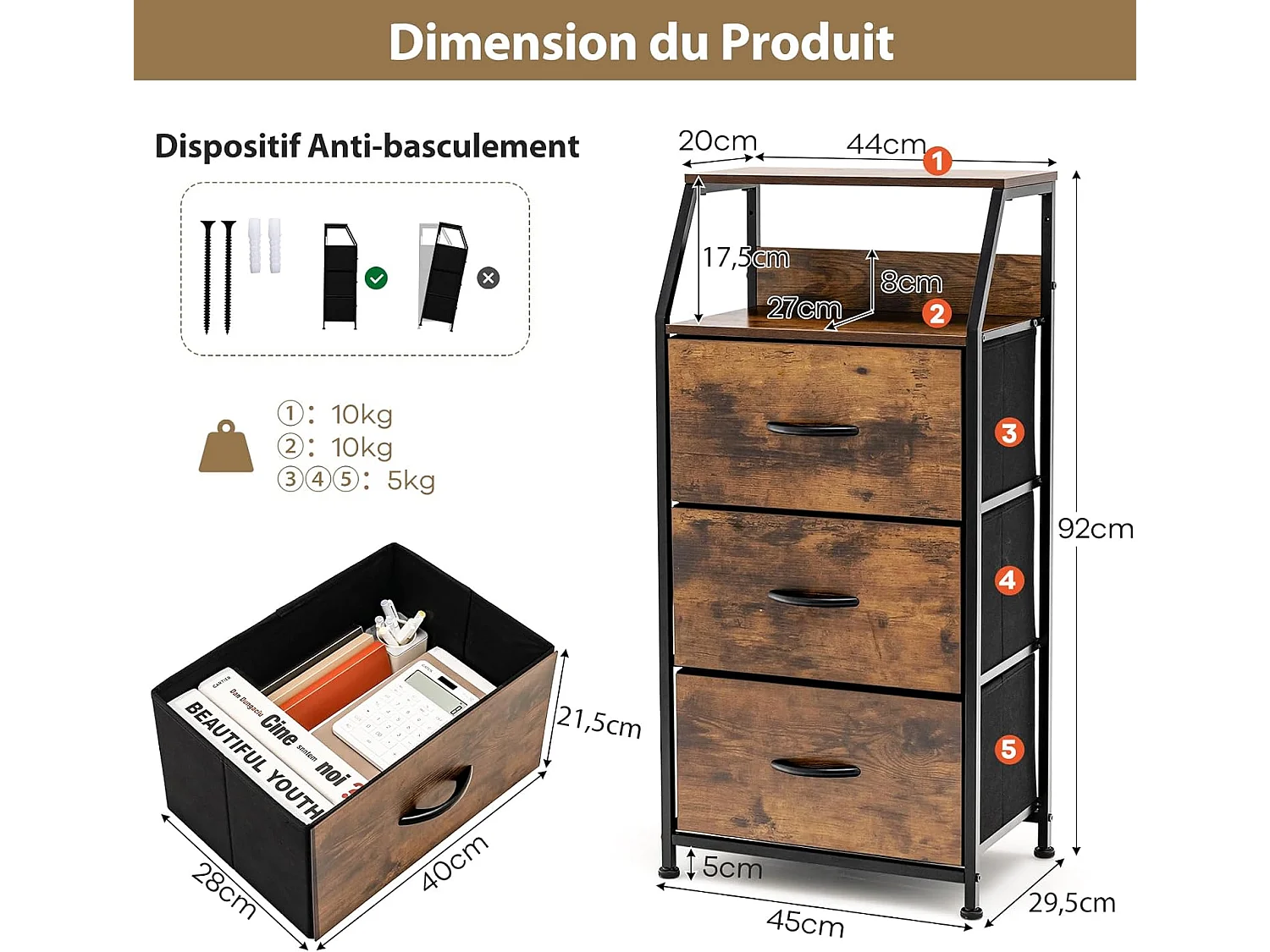 Meuble de Rangement à 3 Tiroirs, avec Étagère Supérieure et 3 Tiroirs Amovibles, Structure en Acier Massif, pour Chambre, Salon, Bureau, Marron Rustique