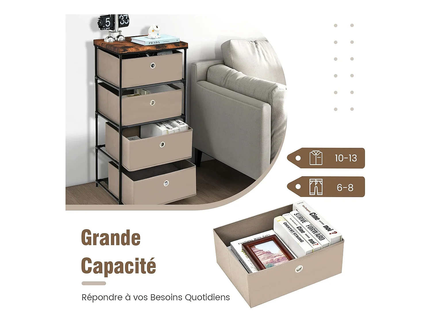 Commode 4 Tiroirs en Tissu, Commode Chambre avec Cadre en Métal et Plateau, Commode Haute pour Chambre Adulte/Enfant, Couloir, Entrée, 42x33,5x84,5cm, Café Clair