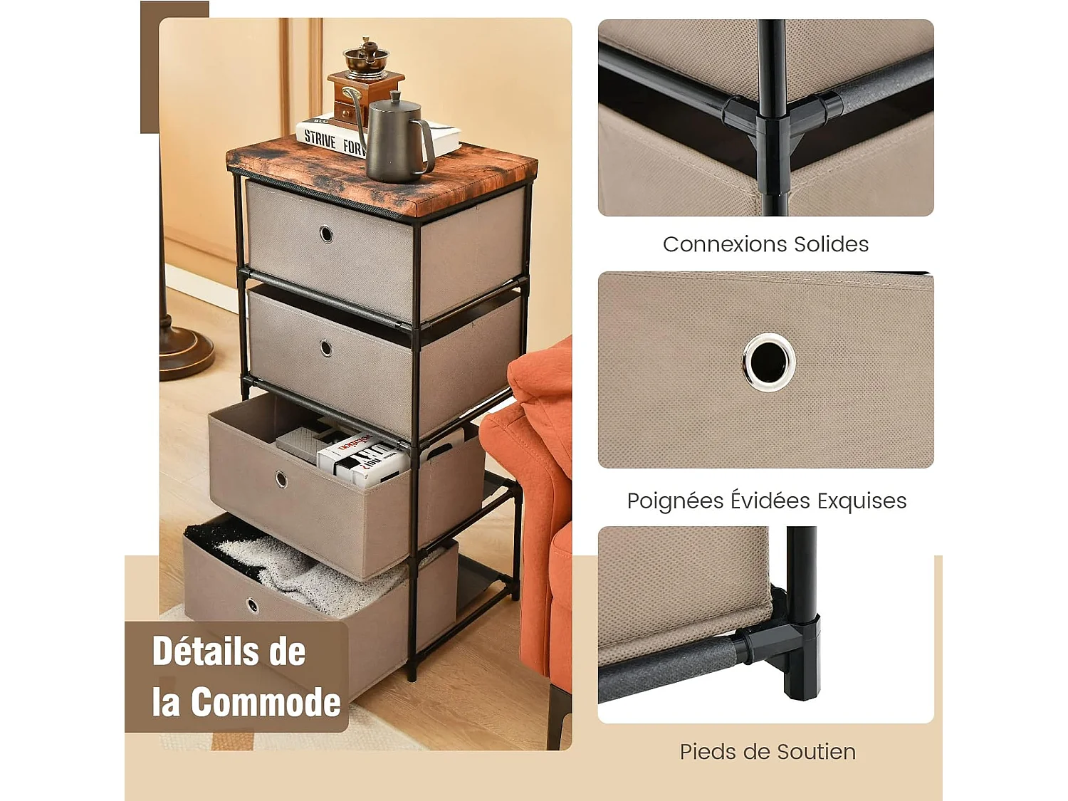 Commode 4 Tiroirs en Tissu, Commode Chambre avec Cadre en Métal et Plateau, Commode Haute pour Chambre Adulte/Enfant, Couloir, Entrée, 42x33,5x84,5cm, Café Clair