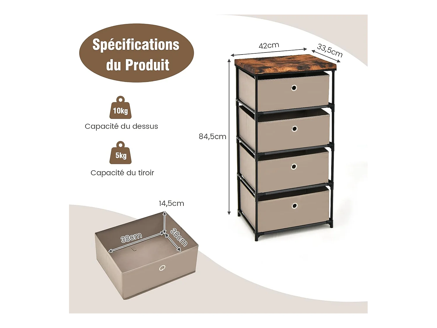 Commode 4 Tiroirs en Tissu, Commode Chambre avec Cadre en Métal et Plateau, Commode Haute pour Chambre Adulte/Enfant, Couloir, Entrée, 42x33,5x84,5cm, Café Clair