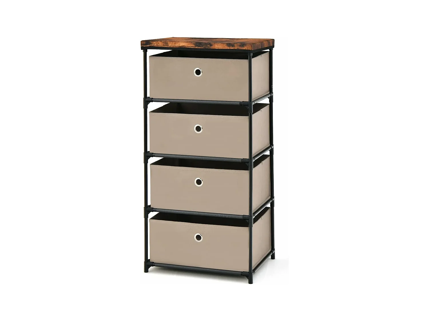 Commode 4 Tiroirs en Tissu, Commode Chambre avec Cadre en Métal et Plateau, Commode Haute pour Chambre Adulte/Enfant, Couloir, Entrée, 42x33,5x84,5cm, Café Clair
