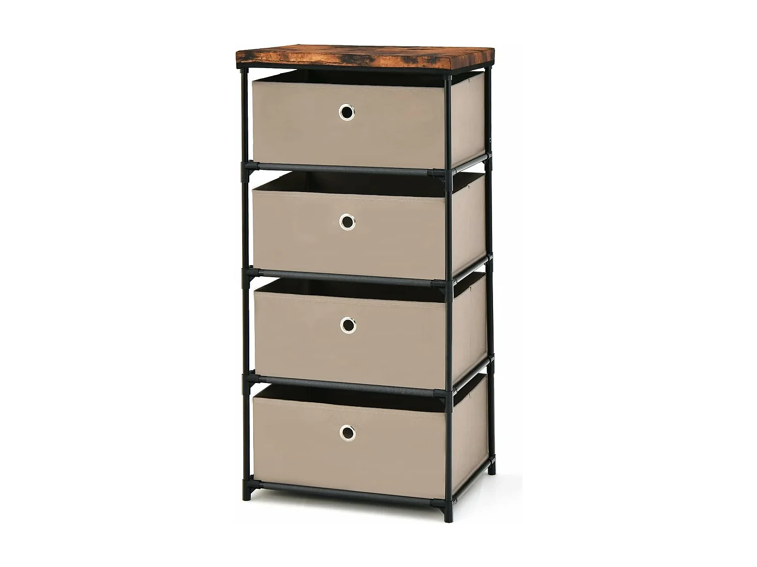 Commode 4 Tiroirs en Tissu, Commode Chambre avec Cadre en Métal et Plateau, Commode Haute pour Chambre Adulte/Enfant, Couloir, Entrée, 42x33,5x84,5cm, Café Clair