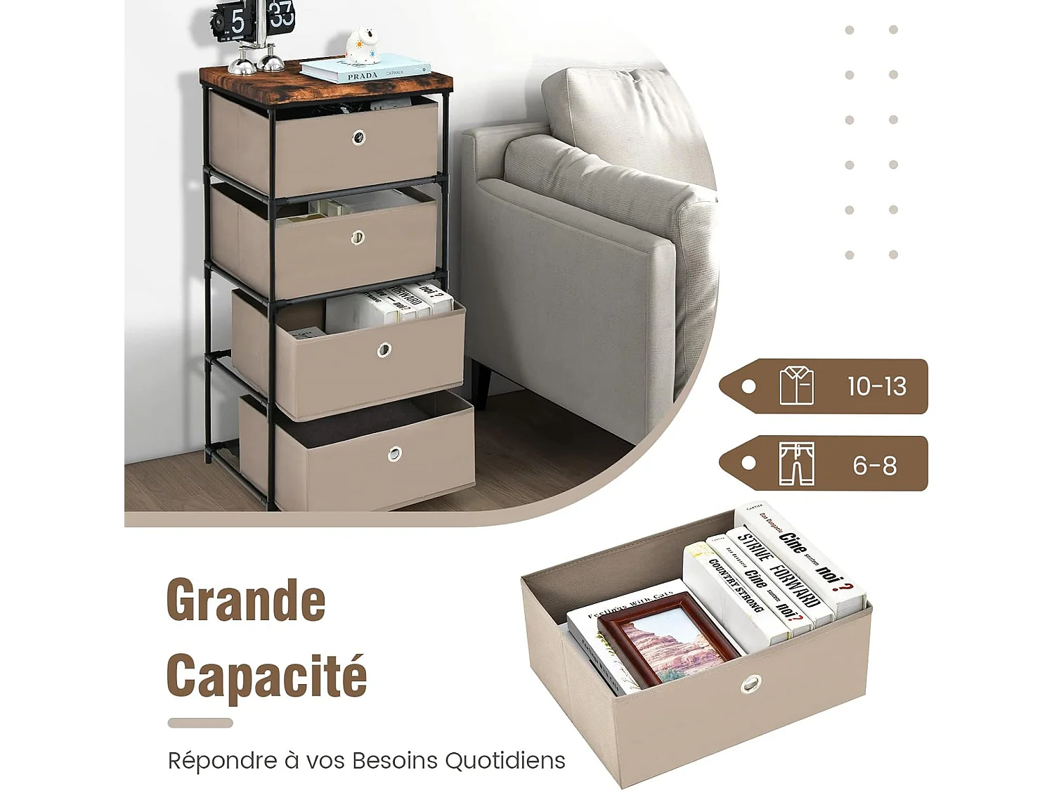 Commode 4 Tiroirs en Tissu, Commode Chambre avec Cadre en Métal et Plateau, Commode Haute pour Chambre Adulte/Enfant, Couloir, Entrée, 42x33,5x84,5cm, Café Clair