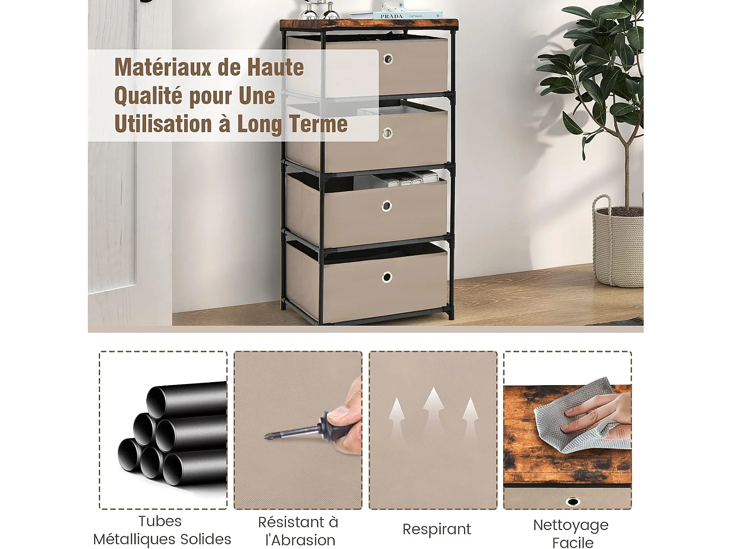 Commode 4 Tiroirs en Tissu, Commode Chambre avec Cadre en Métal et Plateau, Commode Haute pour Chambre Adulte/Enfant, Couloir, Entrée, 42x33,5x84,5cm, Café Clair