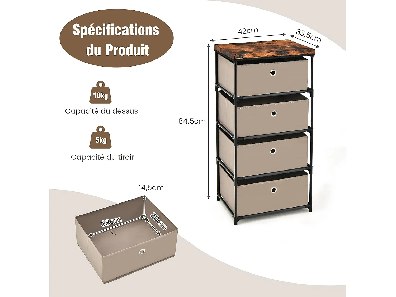 Commode 4 Tiroirs en Tissu, Commode Chambre avec Cadre en Métal et Plateau, Commode Haute pour Chambre Adulte/Enfant, Couloir, Entrée, 42x33,5x84,5cm, Café Clair