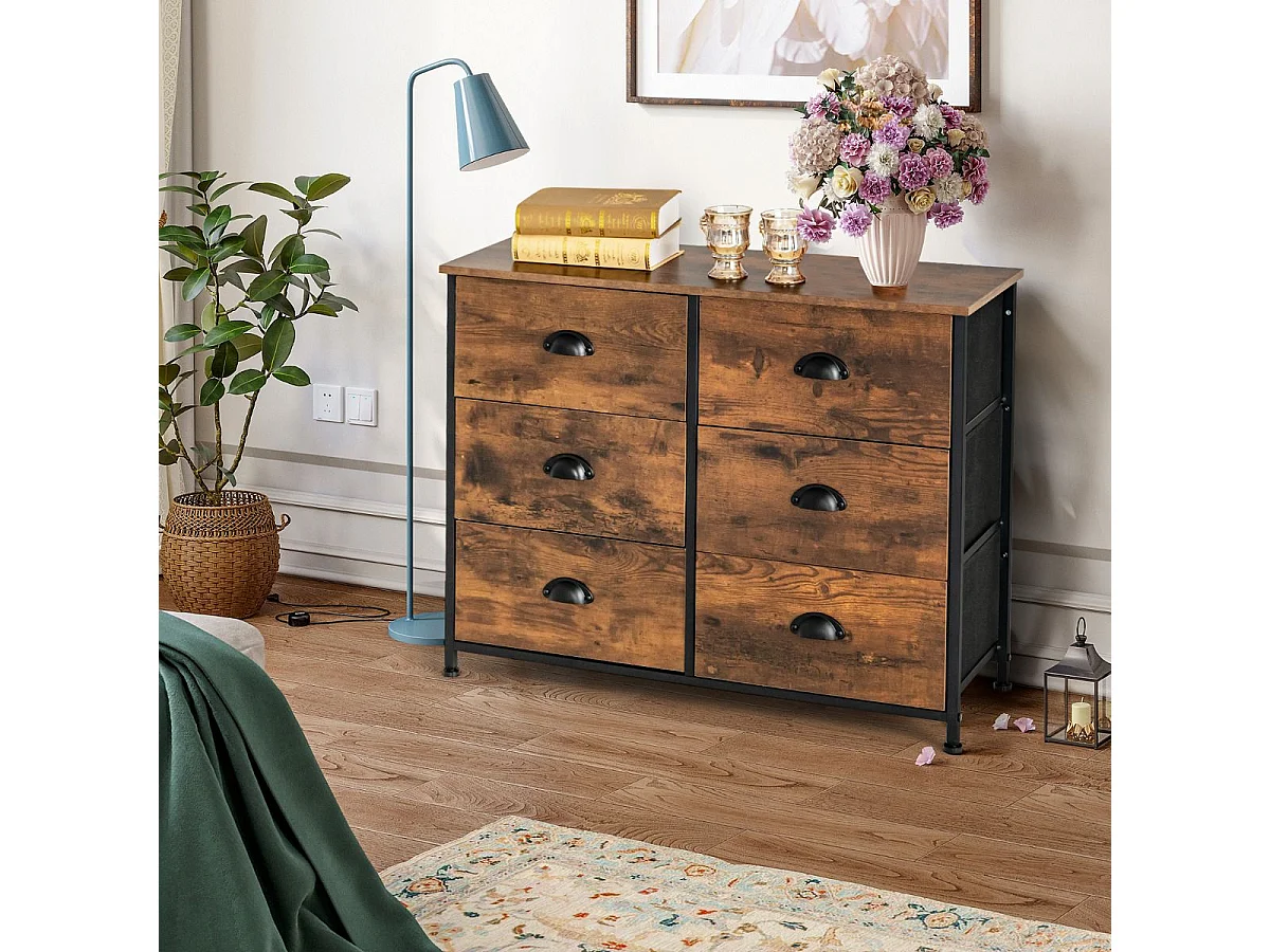 Commode Meuble de Rangement-6 Tiroirs en Tissu, 80 cm x 30 cm x 63 cm, Cadre en Métal, Surface en MDF, Brun Rustique & Noir