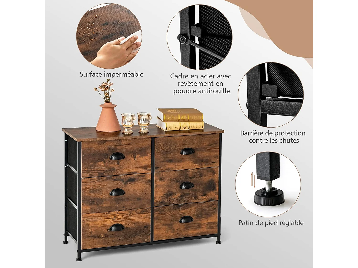 Commode Meuble de Rangement-6 Tiroirs en Tissu, 80 cm x 30 cm x 63 cm, Cadre en Métal, Surface en MDF, Brun Rustique & Noir