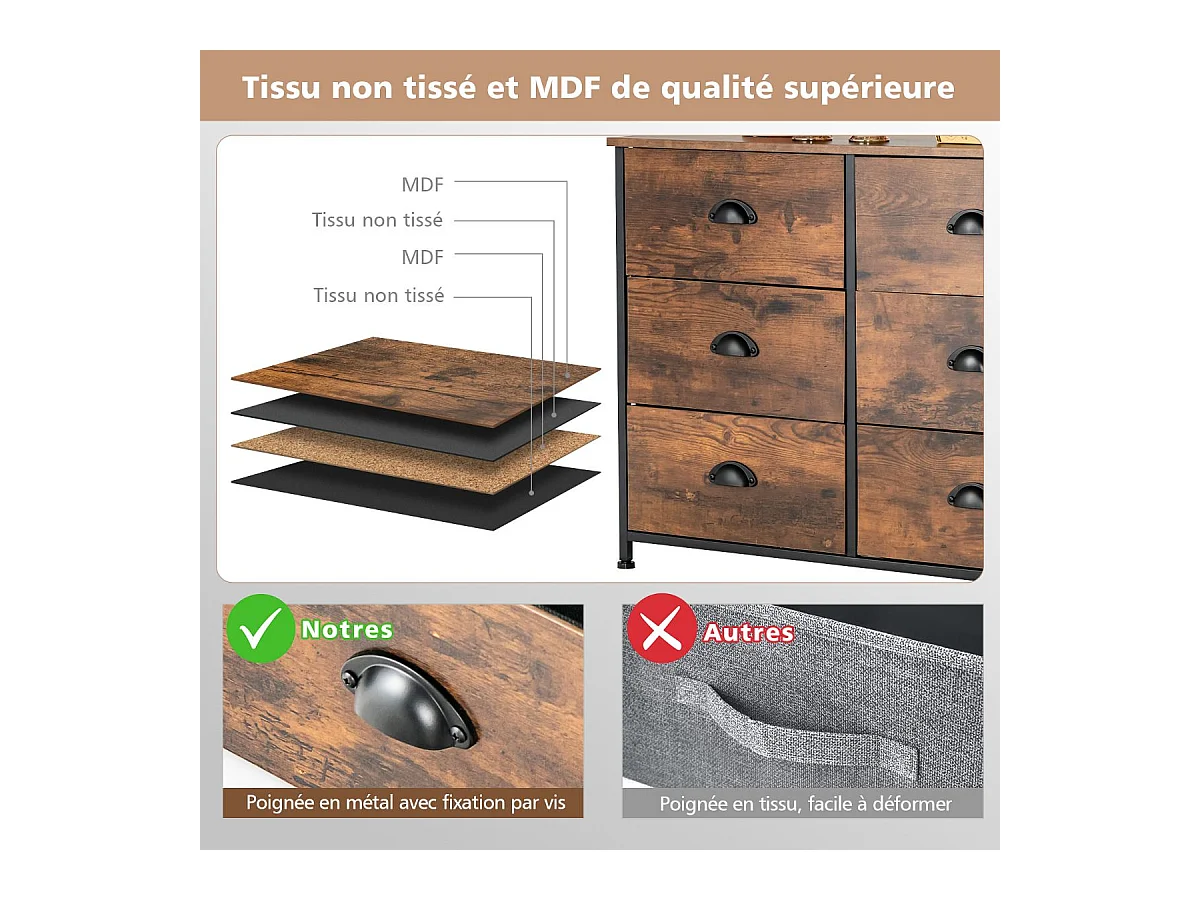 Commode Meuble de Rangement-6 Tiroirs en Tissu, 80 cm x 30 cm x 63 cm, Cadre en Métal, Surface en MDF, Brun Rustique & Noir