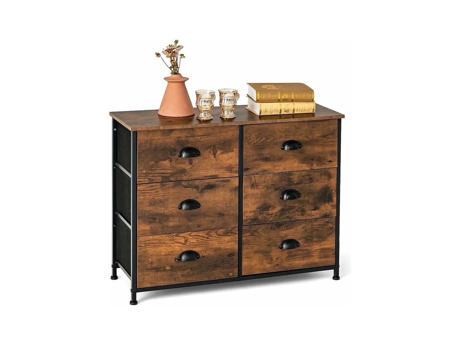 Commode Meuble de Rangement-6 Tiroirs en Tissu, 80 cm x 30 cm x 63 cm, Cadre en Métal, Surface en MDF, Brun Rustique & Noir