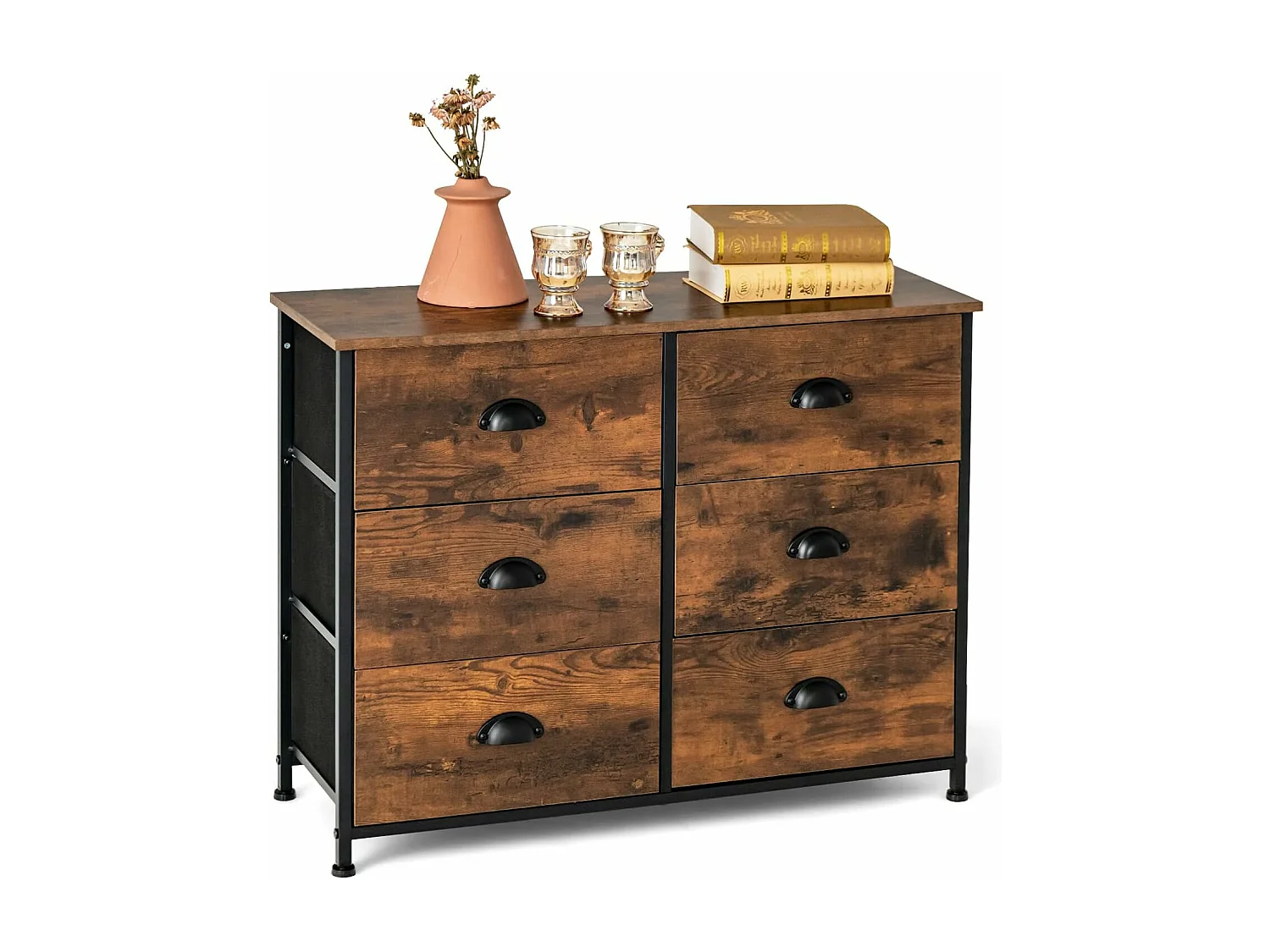 Commode Meuble de Rangement-6 Tiroirs en Tissu, 80 cm x 30 cm x 63 cm, Cadre en Métal, Surface en MDF, Brun Rustique & Noir