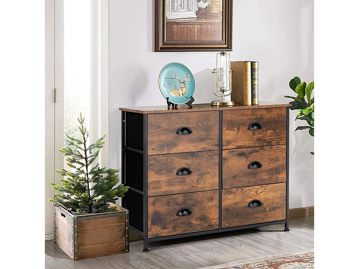 Commode Meuble de Rangement-6 Tiroirs en Tissu, 80 cm x 30 cm x 63 cm, Cadre en Métal, Surface en MDF, Brun Rustique & Noir