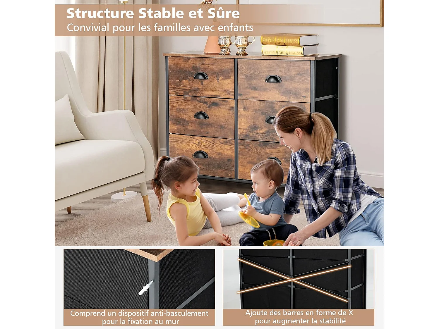 Commode Meuble de Rangement-6 Tiroirs en Tissu, 80 cm x 30 cm x 63 cm, Cadre en Métal, Surface en MDF, Brun Rustique & Noir