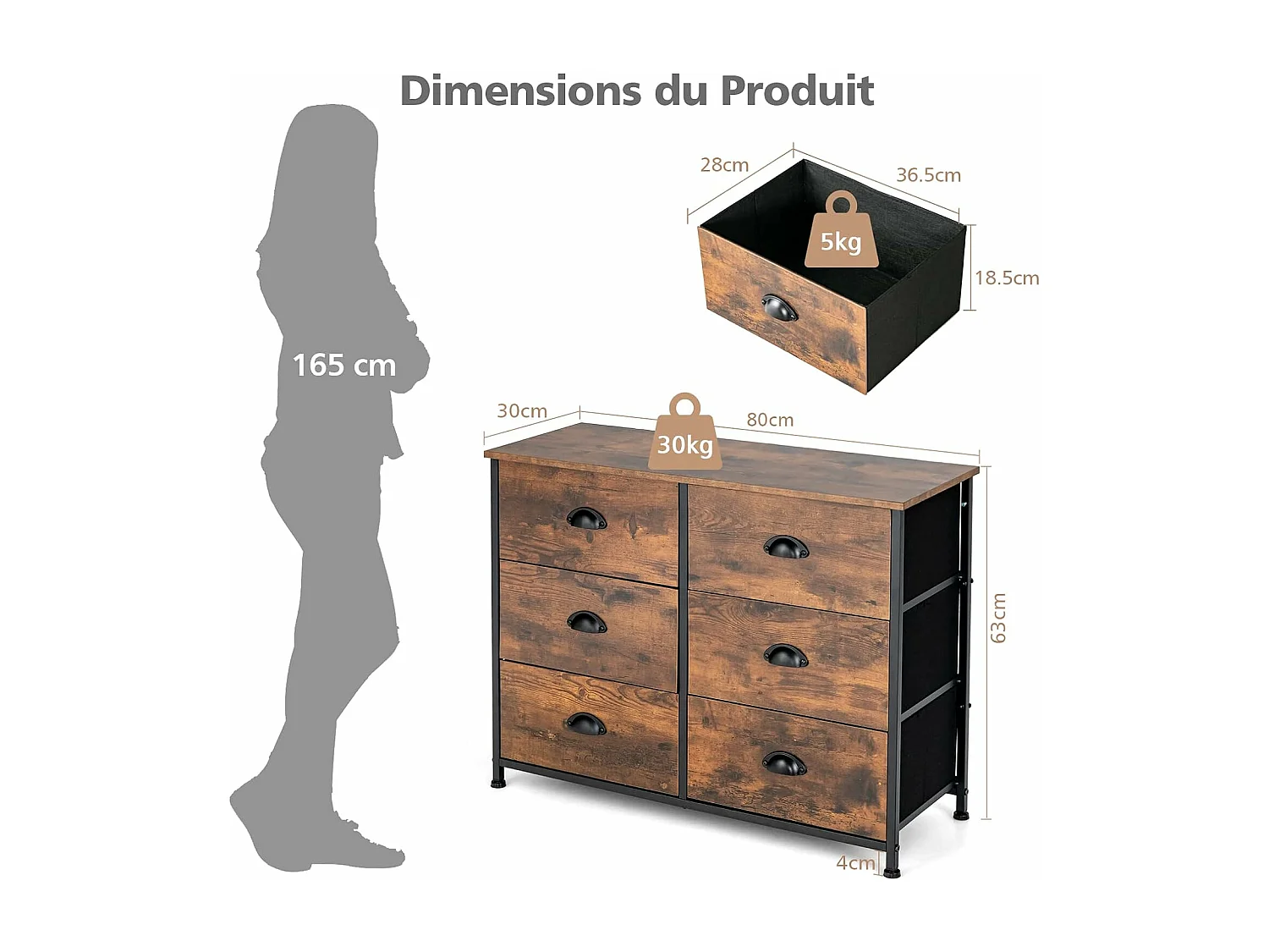 Commode Meuble de Rangement-6 Tiroirs en Tissu, 80 cm x 30 cm x 63 cm, Cadre en Métal, Surface en MDF, Brun Rustique & Noir