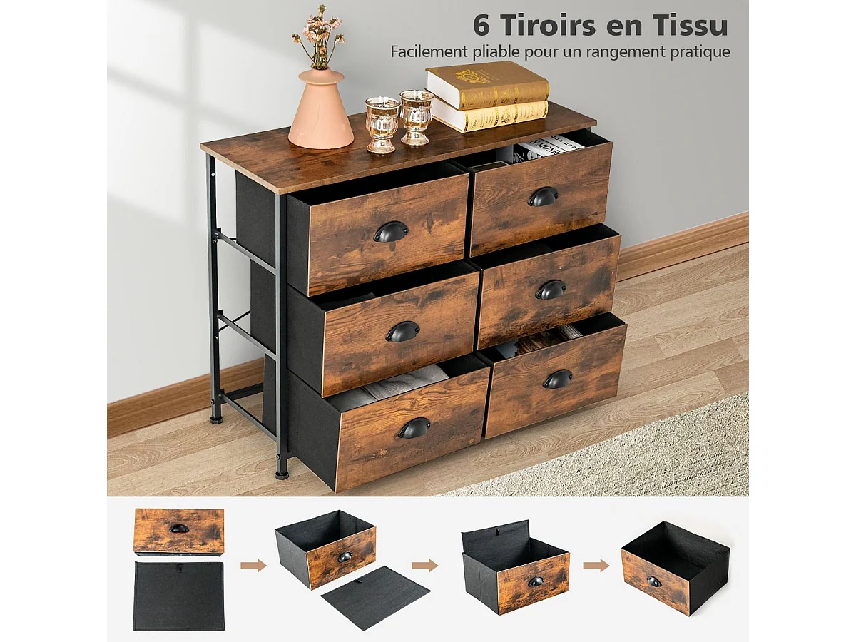 Commode Meuble de Rangement-6 Tiroirs en Tissu, 80 cm x 30 cm x 63 cm, Cadre en Métal, Surface en MDF, Brun Rustique & Noir