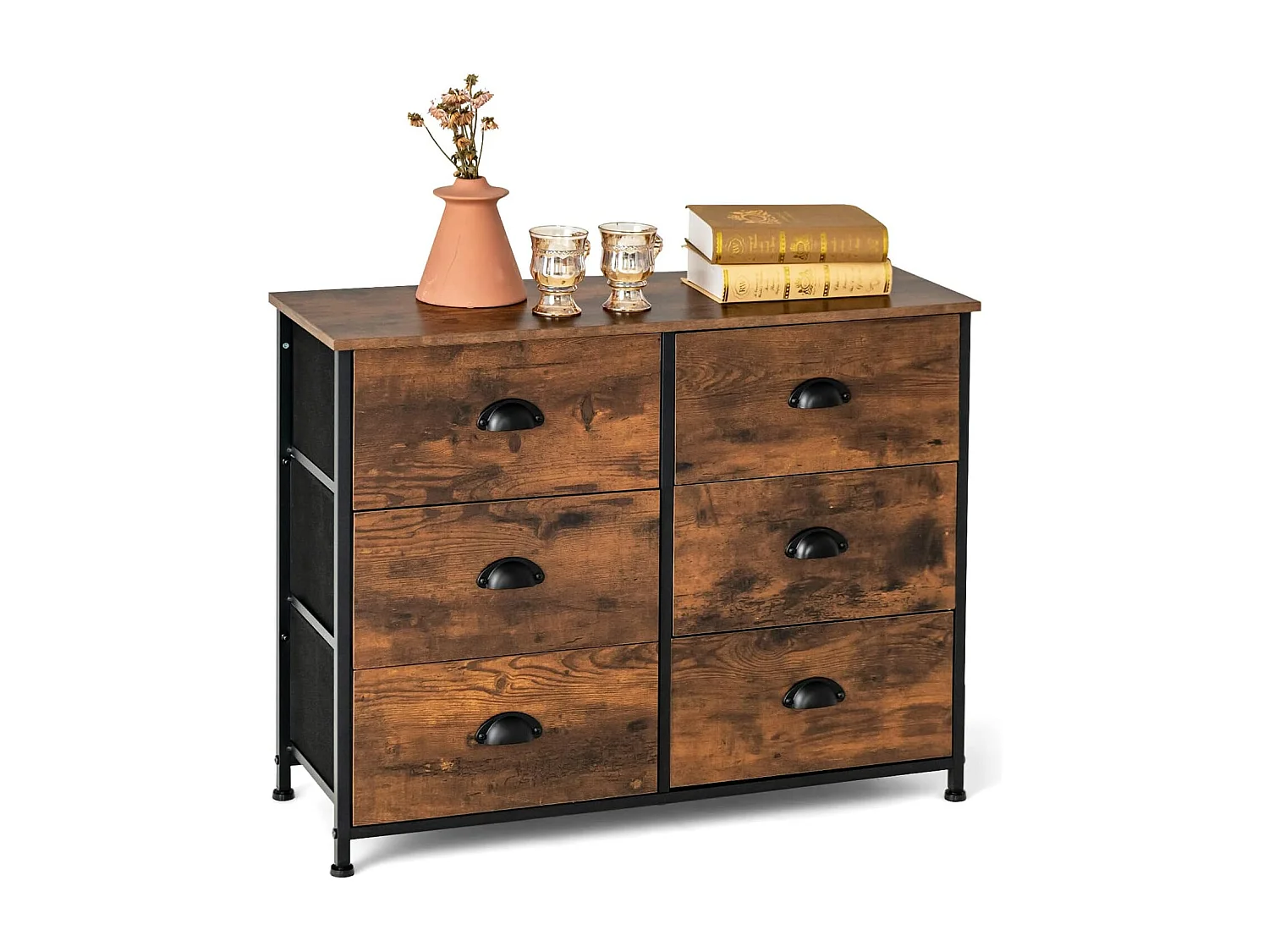 Commode Meuble de Rangement-6 Tiroirs en Tissu, 80 cm x 30 cm x 63 cm, Cadre en Métal, Surface en MDF, Brun Rustique & Noir