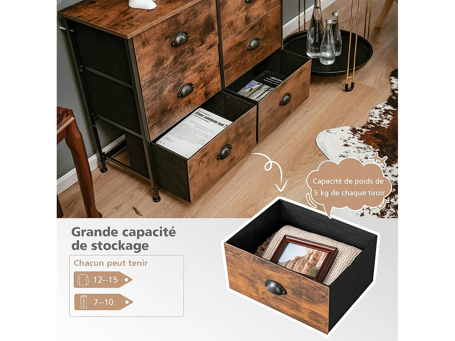 Commode Meuble de Rangement-6 Tiroirs en Tissu, 80 cm x 30 cm x 63 cm, Cadre en Métal, Surface en MDF, Brun Rustique & Noir