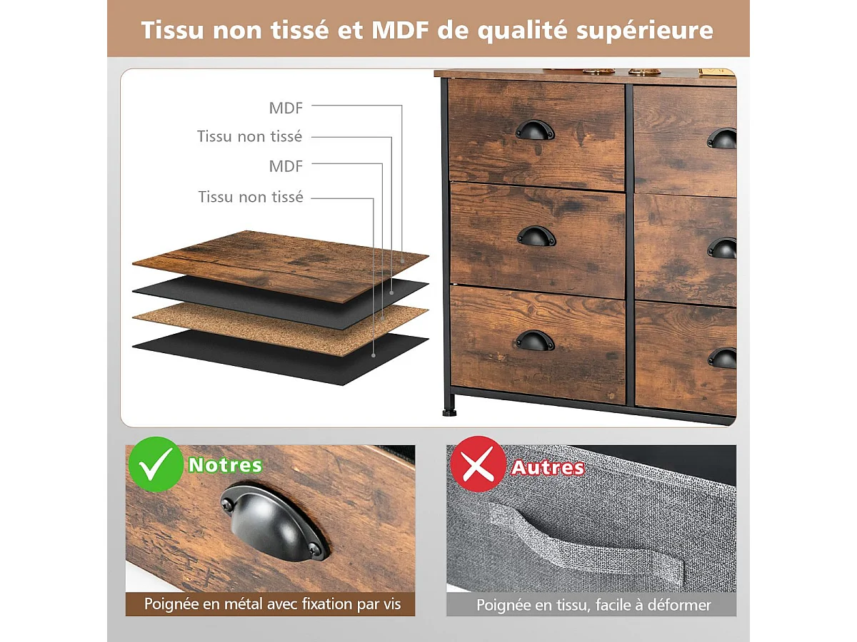 Commode Meuble de Rangement-6 Tiroirs en Tissu, 80 cm x 30 cm x 63 cm, Cadre en Métal, Surface en MDF, Brun Rustique & Noir
