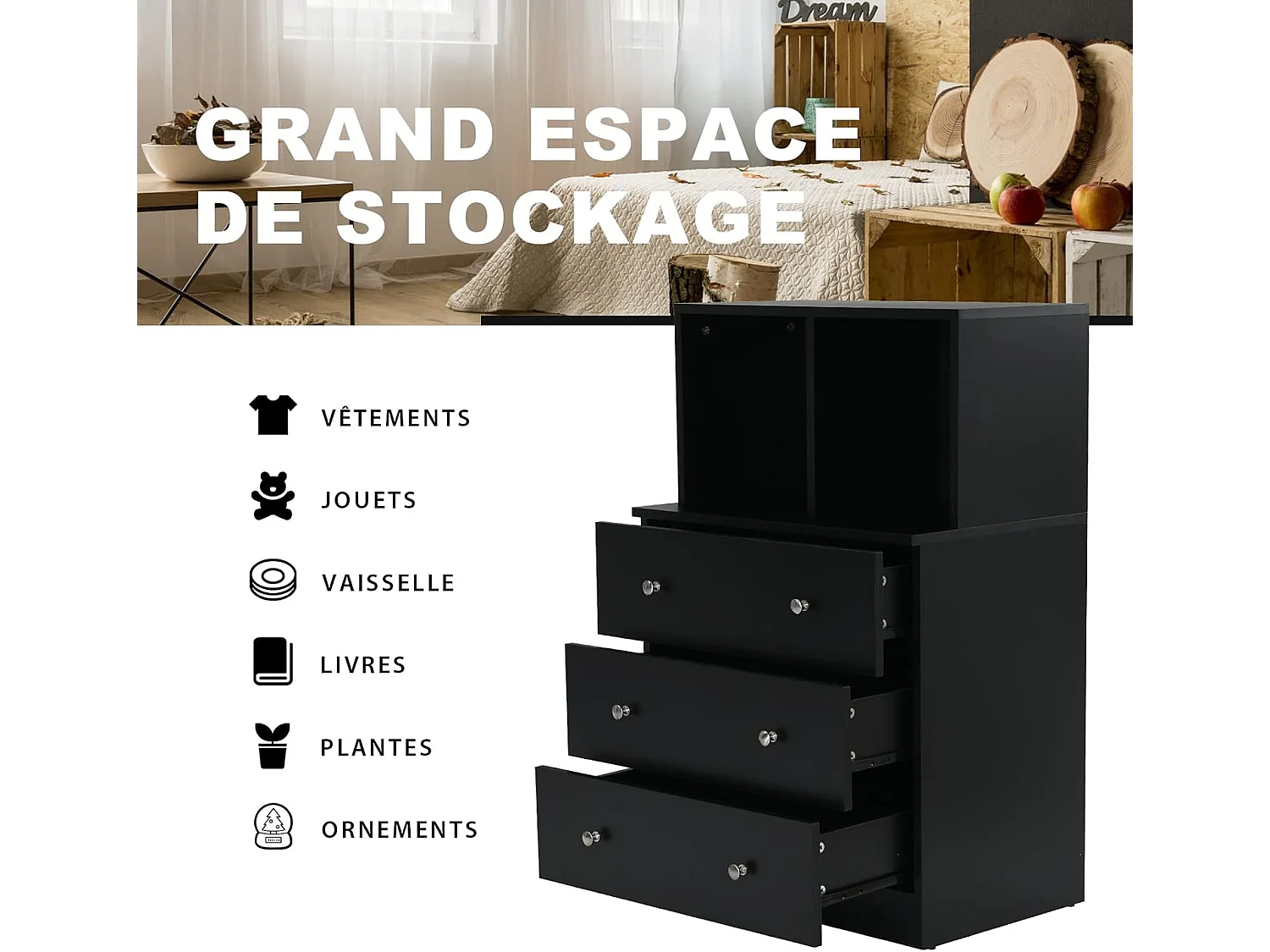 Commode Chambre Adulte, Commode 3 Tiroirs 2 Compartiments, Meuble de Rangement en Bois pour Chambre, Salon, Entrée, Chambre d'enfant, 60 x 40 x 94 cm (Noir)