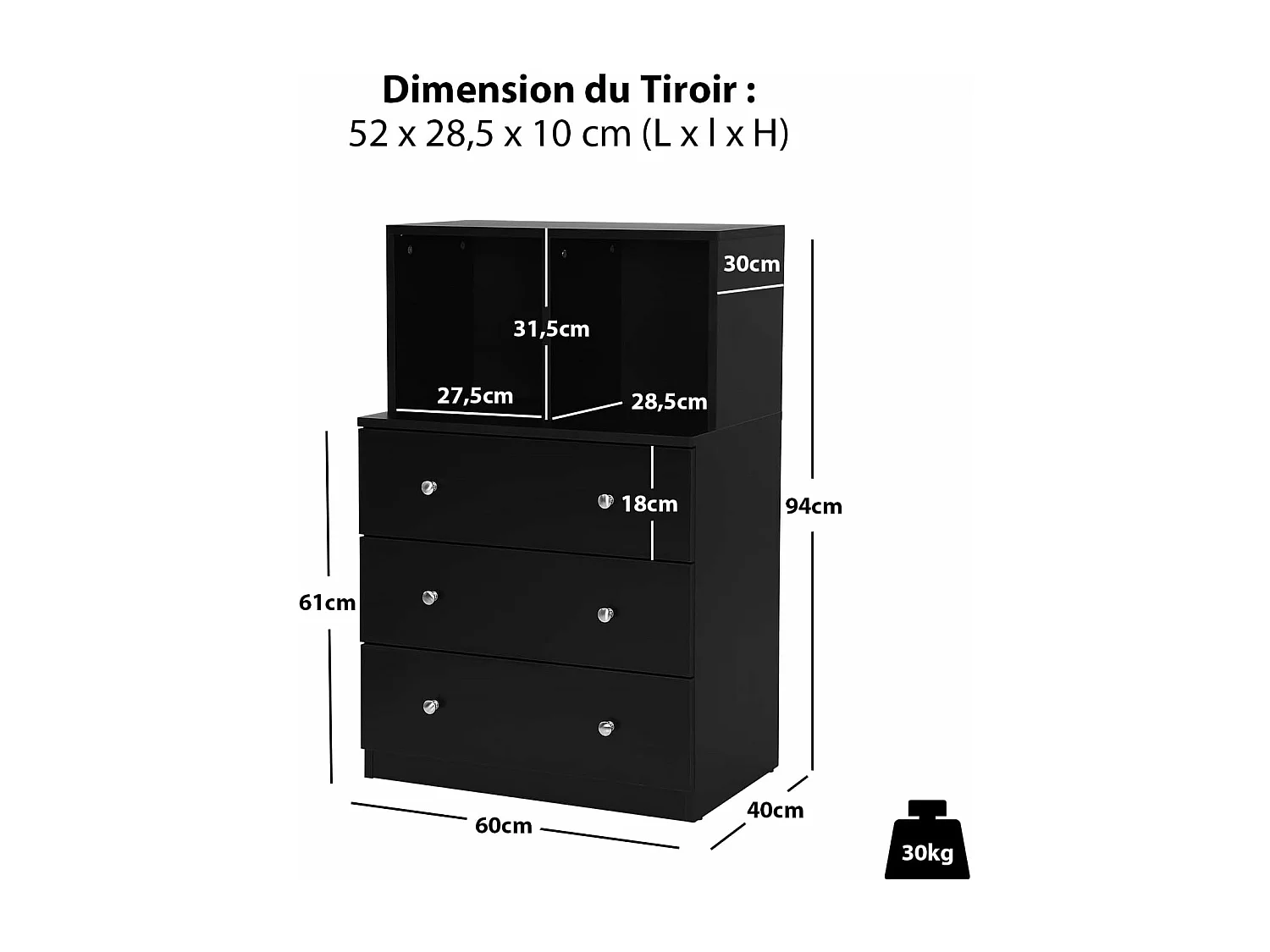 Commode Chambre Adulte, Commode 3 Tiroirs 2 Compartiments, Meuble de Rangement en Bois pour Chambre, Salon, Entrée, Chambre d'enfant, 60 x 40 x 94 cm (Noir)