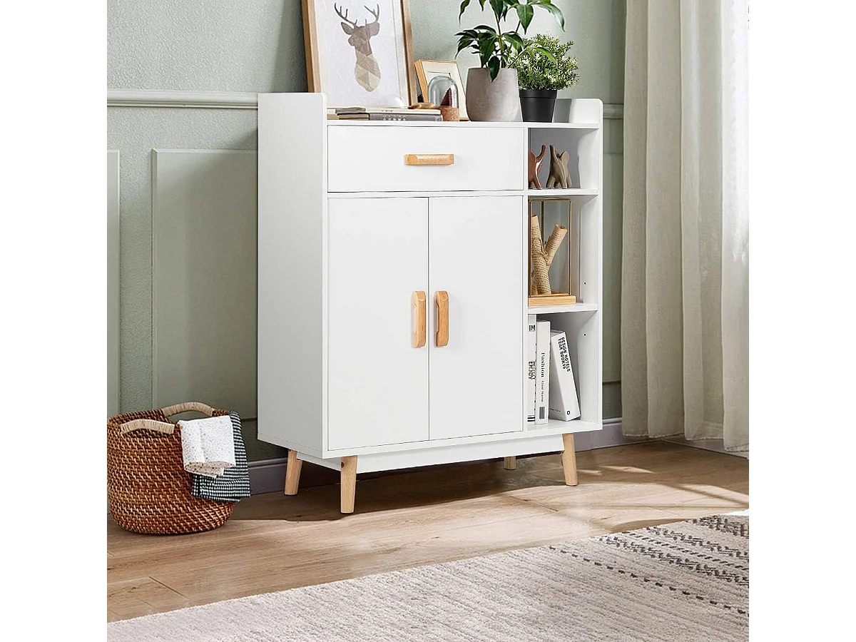 Meuble de Rangement avec 1 Tiroir, 2 Portes, 3 Etagères et 4 Pieds, Armoire à Deux Portes, 3 étagères, Buffet Multifonctionnel, Pieds en Bois