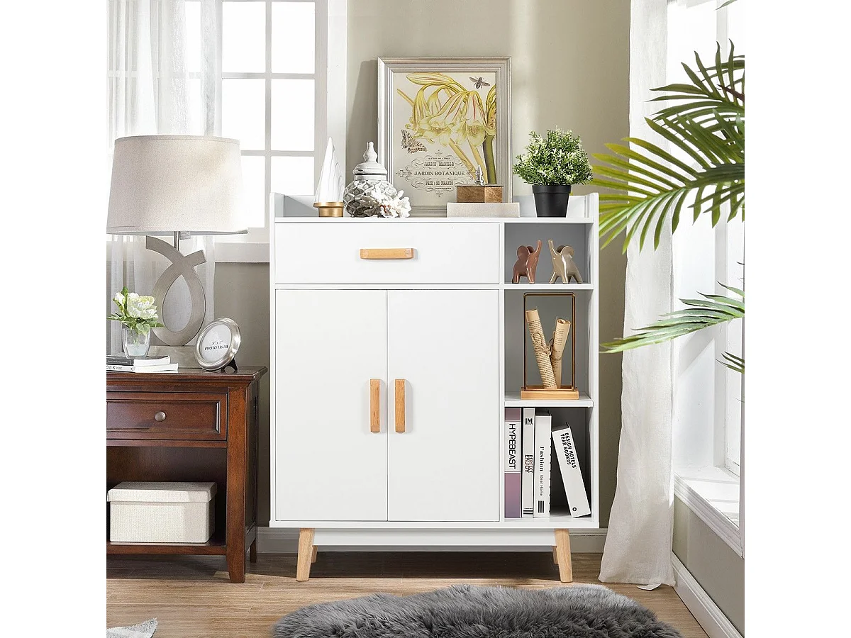 Meuble de Rangement avec 1 Tiroir, 2 Portes, 3 Etagères et 4 Pieds, Armoire à Deux Portes, 3 étagères, Buffet Multifonctionnel, Pieds en Bois