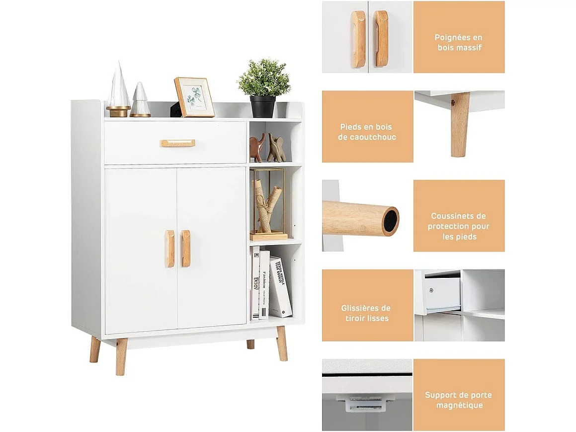 Meuble de Rangement avec 1 Tiroir, 2 Portes, 3 Etagères et 4 Pieds, Armoire à Deux Portes, 3 étagères, Buffet Multifonctionnel, Pieds en Bois