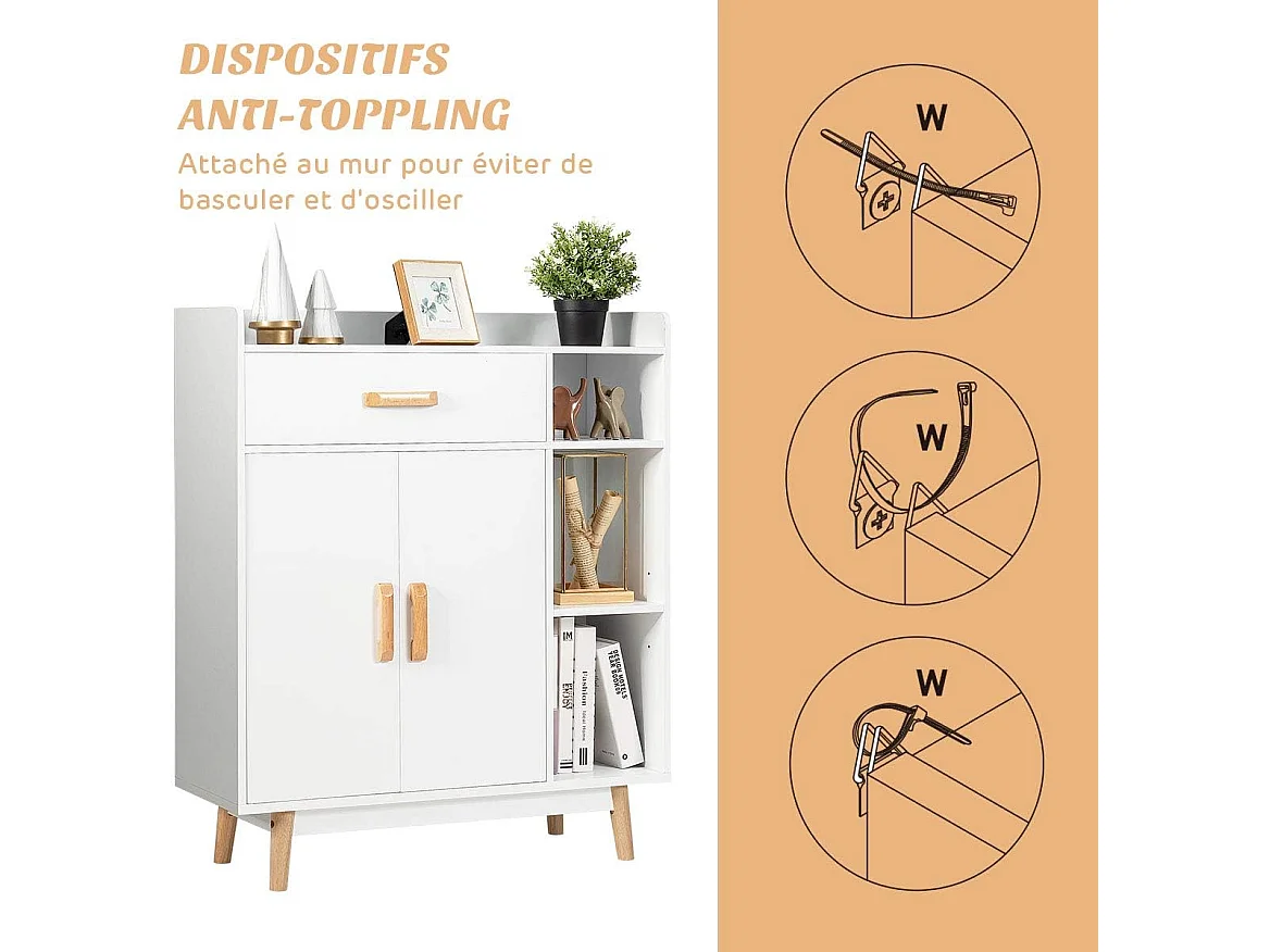 Meuble de Rangement avec 1 Tiroir, 2 Portes, 3 Etagères et 4 Pieds, Armoire à Deux Portes, 3 étagères, Buffet Multifonctionnel, Pieds en Bois