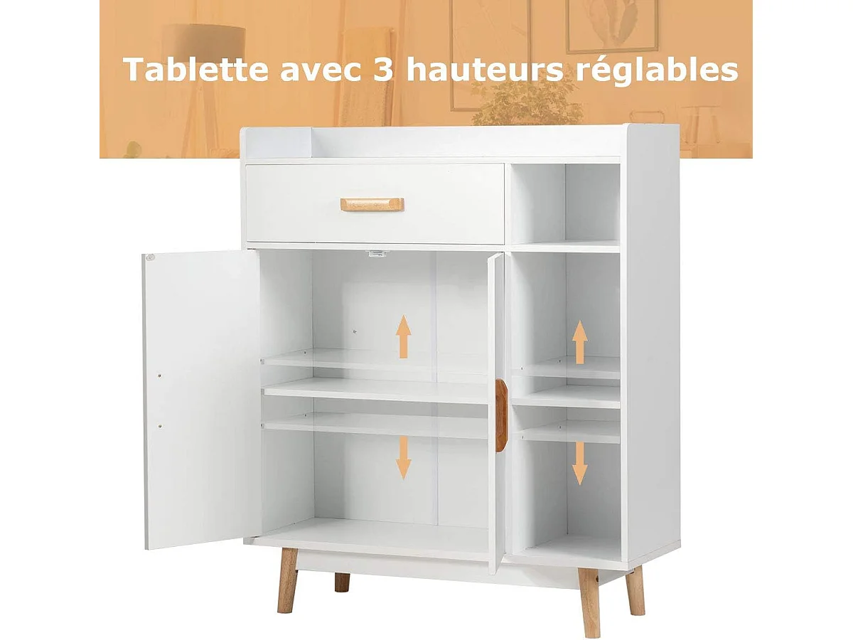 Meuble de Rangement avec 1 Tiroir, 2 Portes, 3 Etagères et 4 Pieds, Armoire à Deux Portes, 3 étagères, Buffet Multifonctionnel, Pieds en Bois