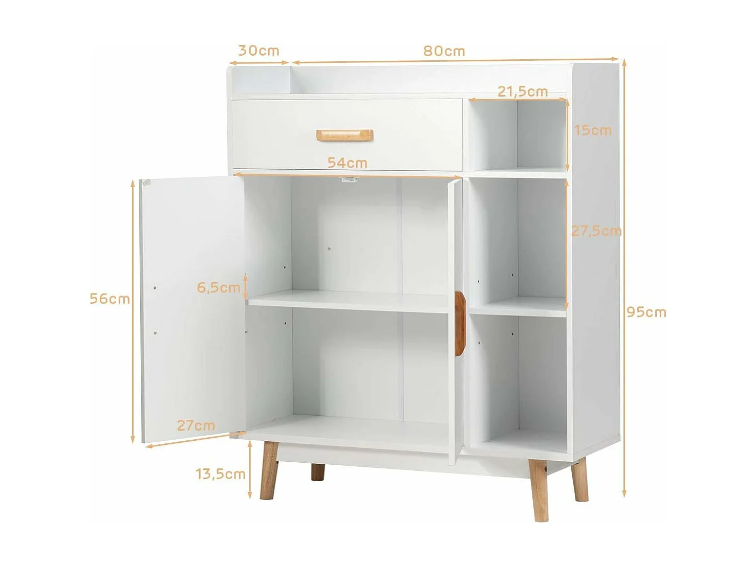 Meuble de Rangement avec 1 Tiroir, 2 Portes, 3 Etagères et 4 Pieds, Armoire à Deux Portes, 3 étagères, Buffet Multifonctionnel, Pieds en Bois