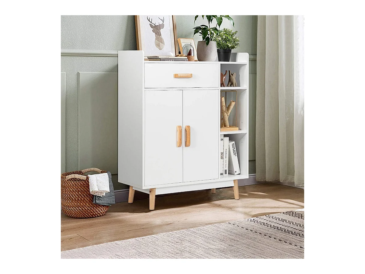 Meuble de Rangement avec 1 Tiroir, 2 Portes, 3 Etagères et 4 Pieds, Armoire à Deux Portes, 3 étagères, Buffet Multifonctionnel, Pieds en Bois