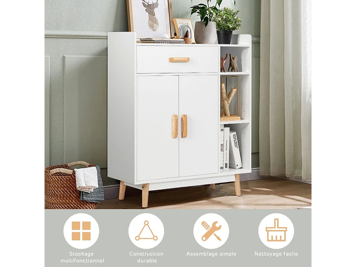 Meuble de Rangement avec 1 Tiroir, 2 Portes, 3 Etagères et 4 Pieds, Armoire à Deux Portes, 3 étagères, Buffet Multifonctionnel, Pieds en Bois