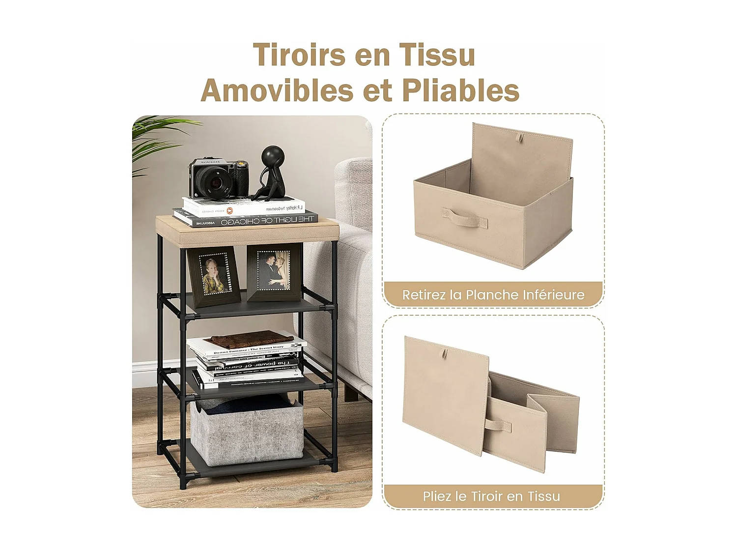 Commode 3 Tiroirs en Tissu, Commode Chambre Adulte avec Cadre en Métal, Meuble Tiroir Rangement pour Chambre, Industriel, 20 x 48 x 76 cm (Café Clair)