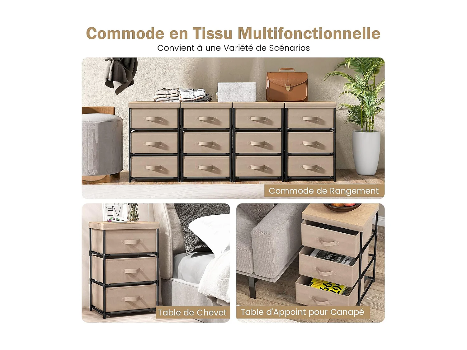 Commode 3 Tiroirs en Tissu, Commode Chambre Adulte avec Cadre en Métal, Meuble Tiroir Rangement pour Chambre, Industriel, 20 x 48 x 76 cm (Café Clair)