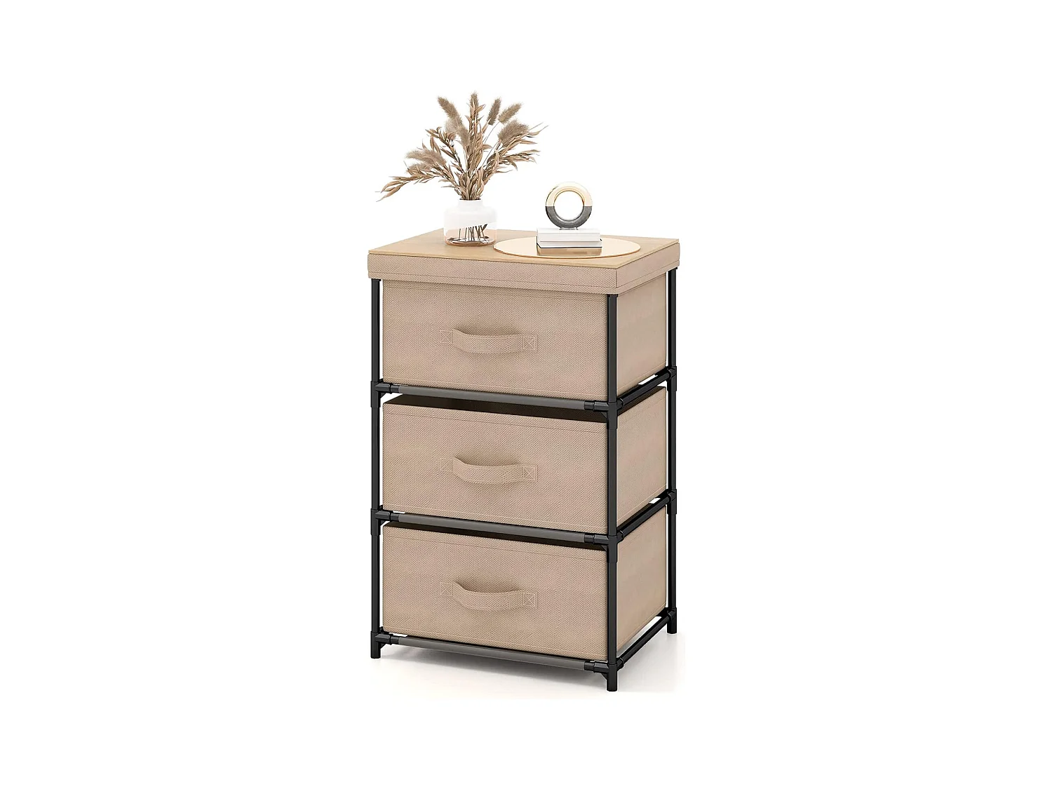 Commode 3 Tiroirs en Tissu, Commode Chambre Adulte avec Cadre en Métal, Meuble Tiroir Rangement pour Chambre, Industriel, 20 x 48 x 76 cm (Café Clair)