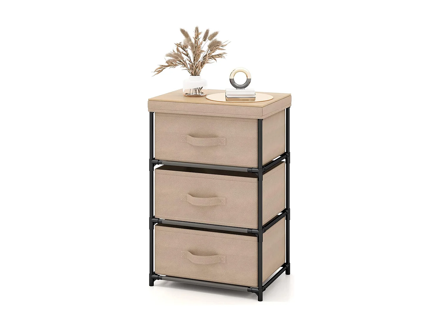 Commode 3 Tiroirs en Tissu, Commode Chambre Adulte avec Cadre en Métal, Meuble Tiroir Rangement pour Chambre, Industriel, 20 x 48 x 76 cm (Café Clair)