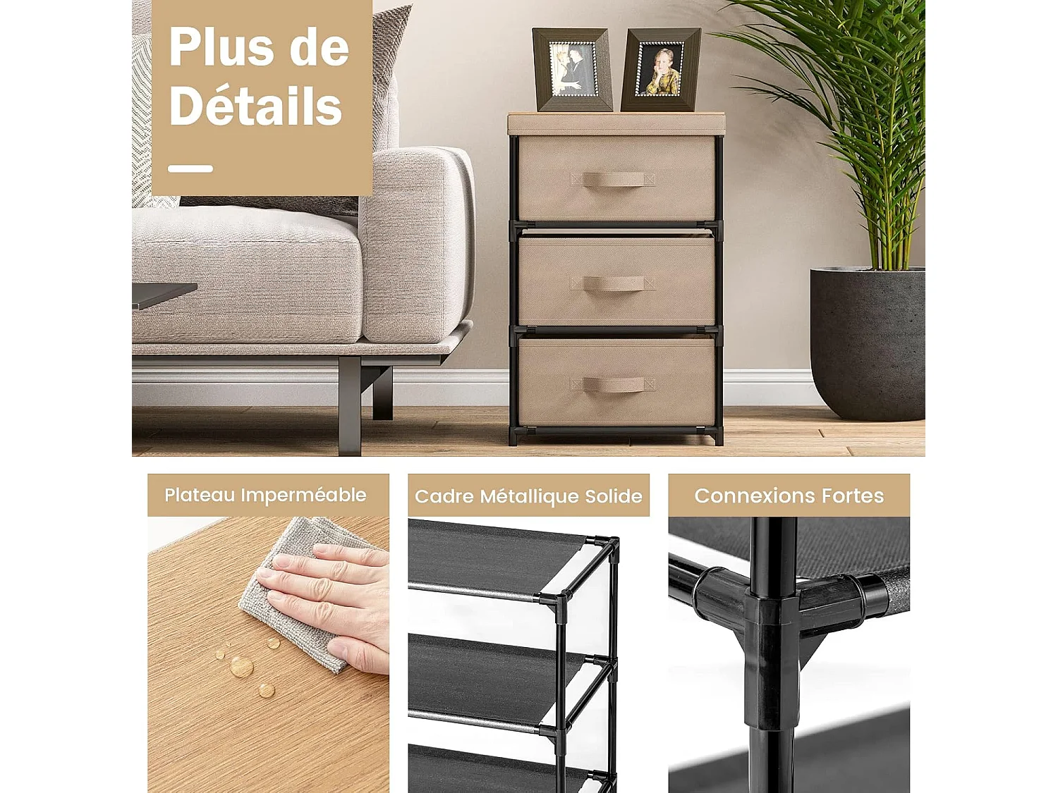 Commode 3 Tiroirs en Tissu, Commode Chambre Adulte avec Cadre en Métal, Meuble Tiroir Rangement pour Chambre, Industriel, 20 x 48 x 76 cm (Café Clair)