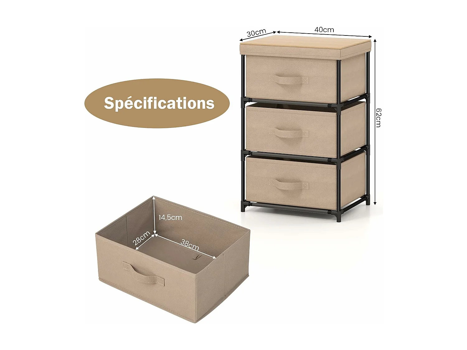 Commode 3 Tiroirs en Tissu, Commode Chambre Adulte avec Cadre en Métal, Meuble Tiroir Rangement pour Chambre, Industriel, 20 x 48 x 76 cm (Café Clair)